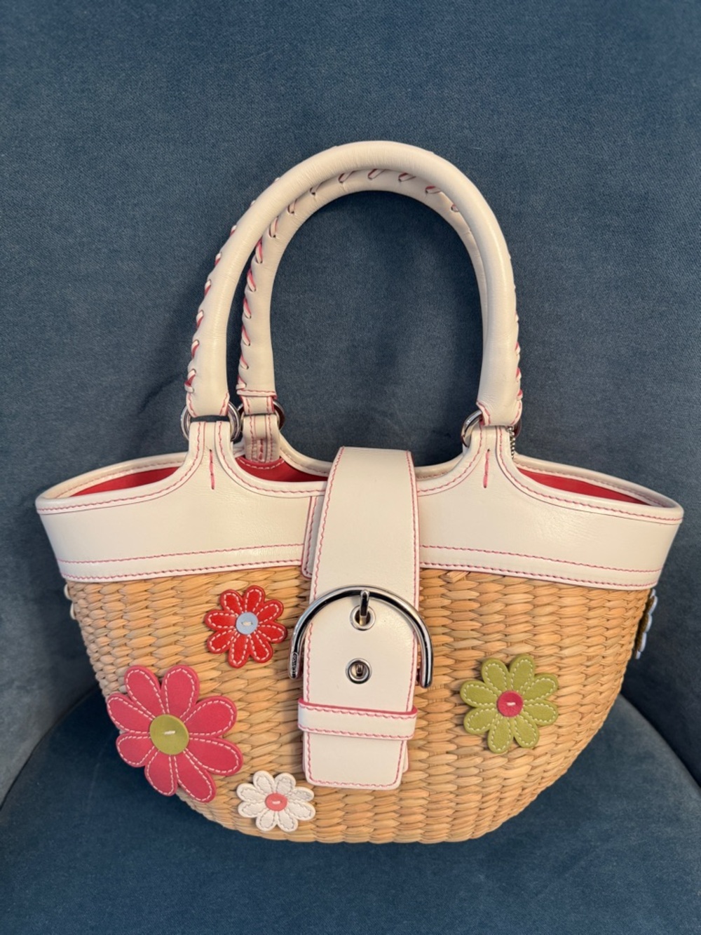 Coach Vintage Woven Straw Tote with White Trim and Floral Accents
